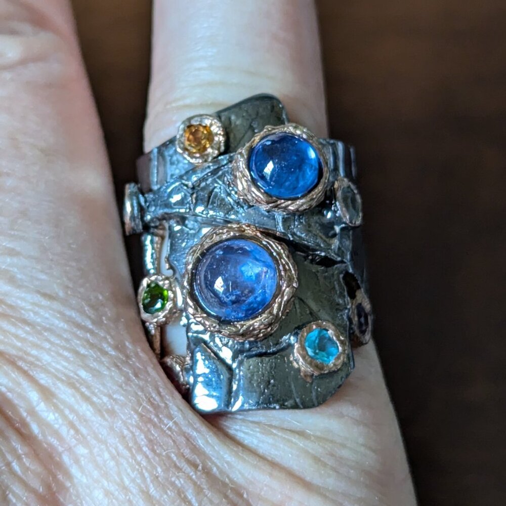 RING Iolite, Tourmaline, Topaz, Amethyst sterling silver hand crafted, size 8.25
